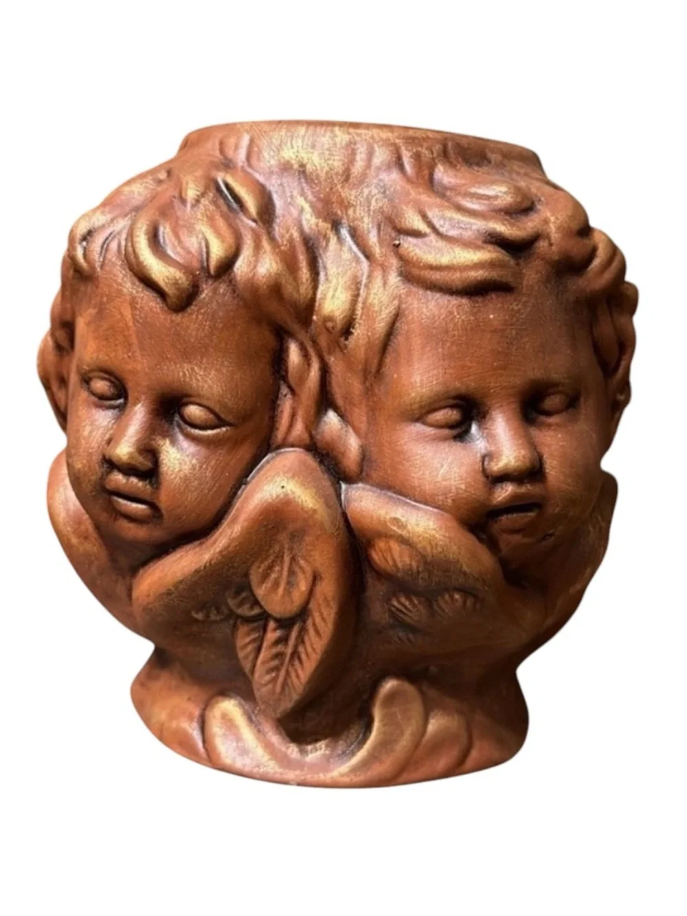 Vintage Cherub Face Pottery Planter Rustic French Country Garden Cherub Planter - Picture 3 of 4